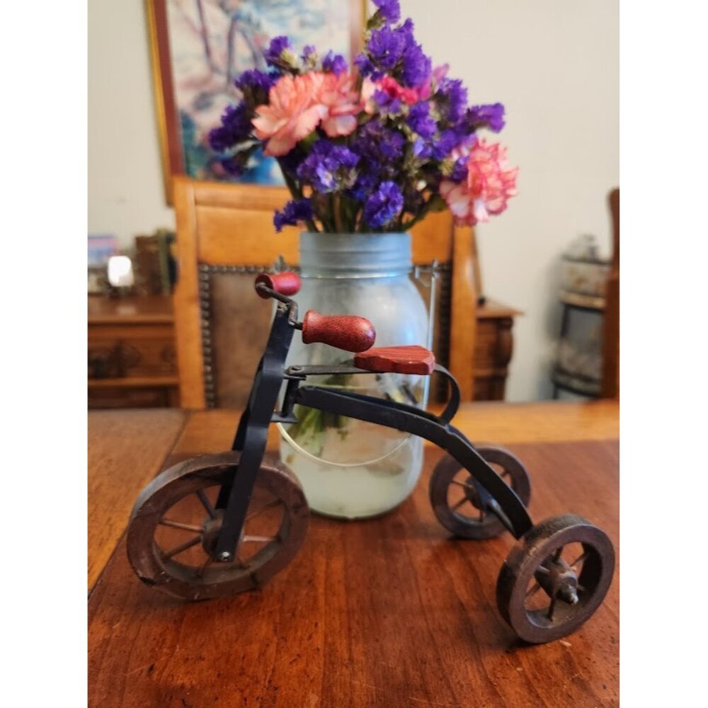 Vintage Hand Crafted Metal Wrought Iron Wood Tricycle Mini Toy Doll Decor